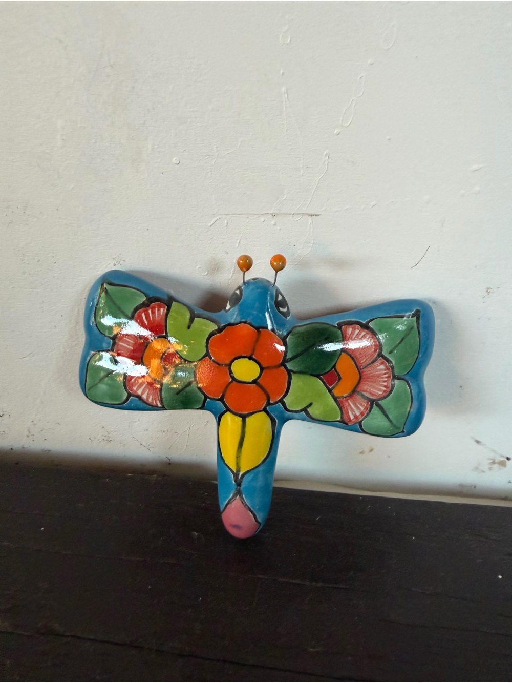 Hand-Painted Blue Floral Talavera Dragonfly Wall Decor